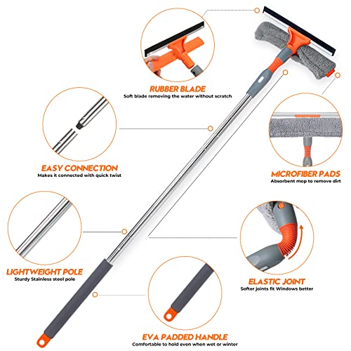 Limpiacristales 2 en 1 Limpia Cristales Profesional con Mango telescópico y Cabezal Giratorio 360º para Limpiar Cristal, Ventana y Espejo 165 cm