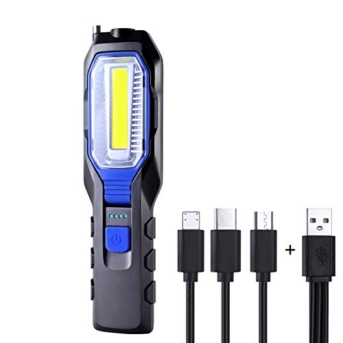 Linterna Taller Led Recargable, Lampara Taller Luz Portatil Mecanico de Trabajo COB LED Recargable USB 2800mAh Bateria con Iman Base Magnética 360º Gancho Colgante para Coche Autos Inspeccion