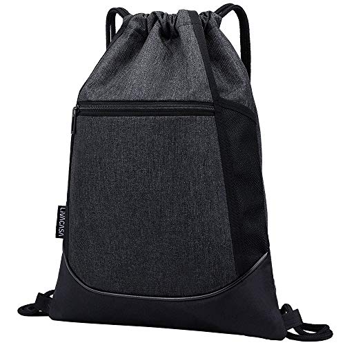 LIVACASA Mochilas de Cuerdas Hombre Mujer Grandes Bolsas de Cuerdas Gimnasio Cordones Cómodos Ajustable con Malla de Bolsillos para Botellas y Bolsillo Laterial Delantero A Prueba de Agua Negro