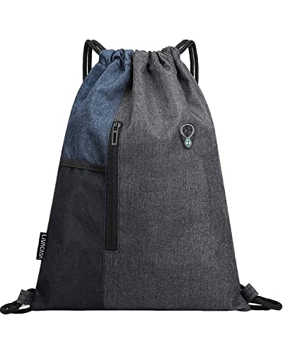 LIVACASA Mochilas de Cuerdas Mujer Hombre Toma USB para Auriculares con Bolsillos Mallas para Botellas Tela Oxford Bolsa de Cuerdas Mochilas Impermeables Yoga Gimnasio Deportes Azul Oscuro 43 * 33cm