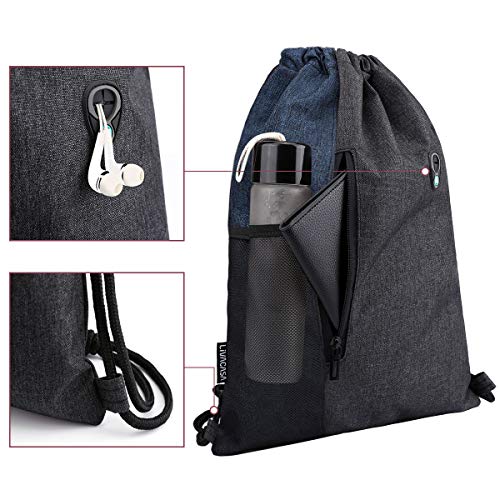 LIVACASA Mochilas de Cuerdas Mujer Hombre Toma USB para Auriculares con Bolsillos Mallas para Botellas Tela Oxford Bolsa de Cuerdas Mochilas Impermeables Yoga Gimnasio Deportes Azul Oscuro 43 * 33cm