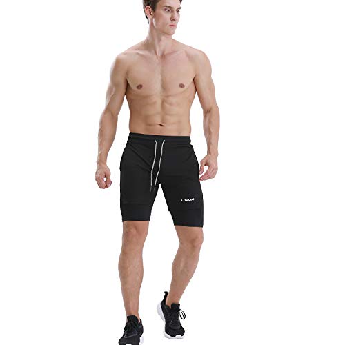 Lixada Pantalones Cortos para Correr 2 en 1 para Hombre con Lazo de Toalla Pantalones Cortos de Ejercicio de Secado Rápido con Bolsillos para Entrenamiento de Gimnasio