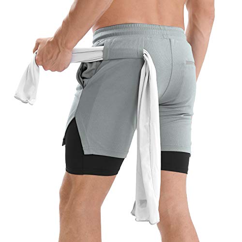 Lixada Pantalones Cortos para Correr 2 en 1 para Hombre con Lazo de Toalla Pantalones Cortos de Ejercicio de Secado Rápido con Bolsillos para Entrenamiento de Gimnasio