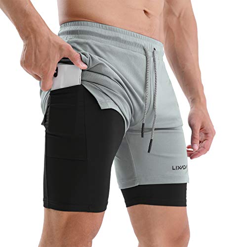 Lixada Pantalones Cortos para Correr 2 en 1 para Hombre con Lazo de Toalla Pantalones Cortos de Ejercicio de Secado Rápido con Bolsillos para Entrenamiento de Gimnasio