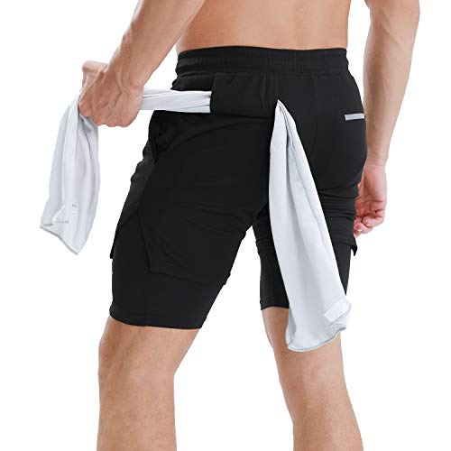 Lixada Pantalones Cortos para Correr 2 en 1 para Hombre con Lazo de Toalla Pantalones Cortos de Ejercicio de Secado Rápido con Bolsillos para Entrenamiento de Gimnasio