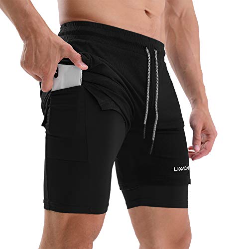 Lixada Pantalones Cortos para Correr 2 en 1 para Hombre con Lazo de Toalla Pantalones Cortos de Ejercicio de Secado Rápido con Bolsillos para Entrenamiento de Gimnasio