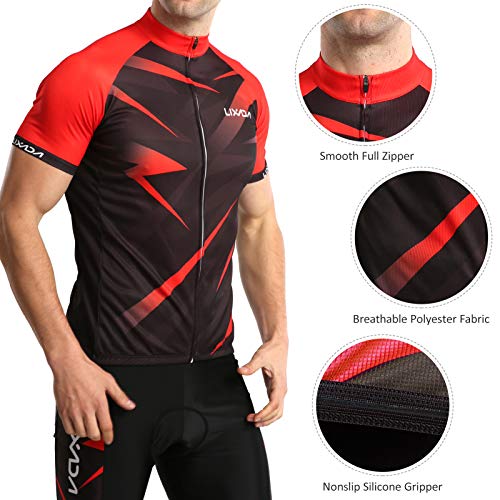 Lixada Ropa de Ciclismo para Hombre,Manga Corta Transpirable + Pantalones Cortos Acolchados,Traje de Ropa de Bicicleta de Montaña (Rojo+Negro, XL)