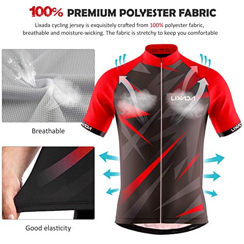 Lixada Ropa de Ciclismo para Hombre,Manga Corta Transpirable + Pantalones Cortos Acolchados,Traje de Ropa de Bicicleta de Montaña (Rojo+Negro, XL)