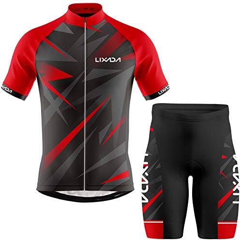 Lixada Ropa de Ciclismo para Hombre,Manga Corta Transpirable + Pantalones Cortos Acolchados,Traje de Ropa de Bicicleta de Montaña (Rojo+Negro, XL)