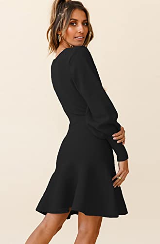 Loalirando Vestido de punto para mujer, elegante, línea A, de manga larga, cintura alta, cuello redondo, para el tiempo libre, otoño e invierno., Negro , L