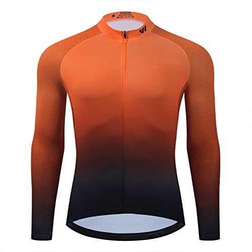 logas Maillot de ciclismo para hombre, de manga corta o larga, transpirable, para bicicleta, de secado rápido, para mountainbike, con bolsillos traseros, Hombre, Gradiente Naranja Manga Larga, M