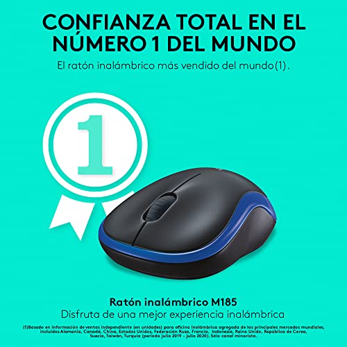 Logitech M185 Ratón Inalámbrico, 2.4GHz con Mini Receptor USB, Batería de 12 Meses, Seguimiento Óptico con Resolución de 1000 dpi, Ambidiestro, Compatible con PC, Mac, Portátil - Azul