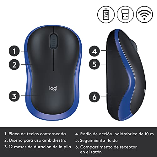 Logitech M185 Ratón Inalámbrico, 2.4GHz con Mini Receptor USB, Batería de 12 Meses, Seguimiento Óptico con Resolución de 1000 dpi, Ambidiestro, Compatible con PC, Mac, Portátil - Azul