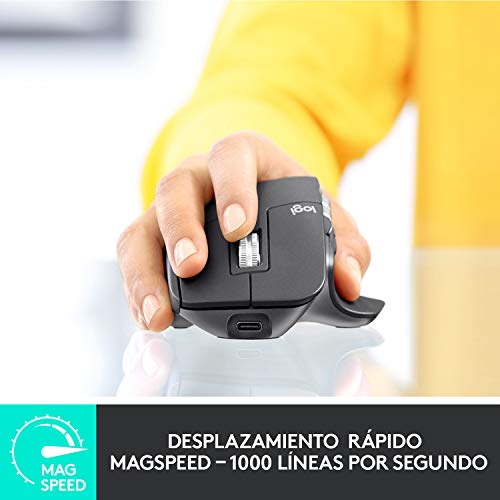 Logitech MX Master 3 Advanced Ratón Inalámbrico, Receptor USB, Bluetooth, 2.4GHz, Desplazamiento Rápido, Seguimiento 4K DPI en Cualquier Superficie, 7 Botones, Recarcable, PC, Mac, iPadOS, Negro