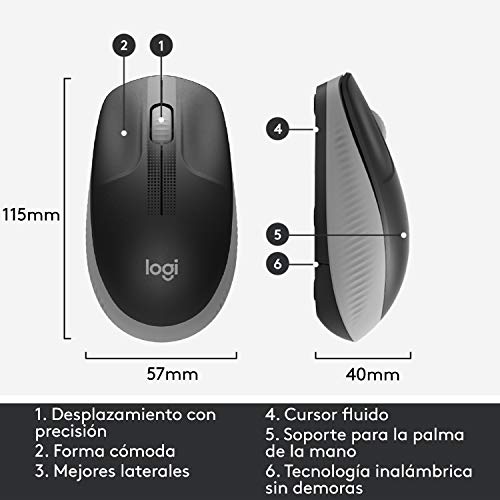 Logitech Ratón Inalámbrico M190, Diseño Curvo Ambidiestro, Batería 18 Meses con Modo Ahorro, Receptor USB, Cursor y Desplazamiento Preciso, Rueda de Desplazamiento Amplio, Gris