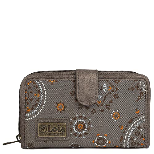 Lois - Cartera de Mujer Grande con Bordados y Motivos Mandala de Marca LOIS. Nylon y Cuero Vegano PU para Uso Diario con Cierre Cremallera y Botón. Protección Antiescaneo RFID 304416, Color Marron