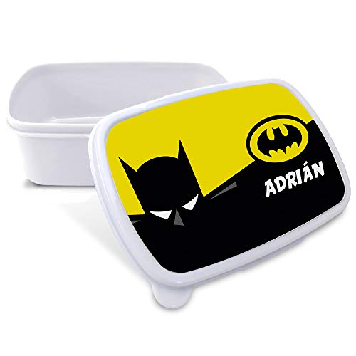 LolaPix Caja merienda. Regalos Personalizados. Caja merienda con Nombre. Apta para microondas y Libre de BPA, filatos y Metales Pesados. Varios diseños. Batman