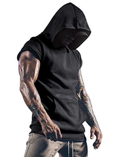 Lomon - Camisetas de gimnasio para hombre, camiseta deportiva, camiseta de tirantes fina para fitnes, sudaderas sin mangas, con capucha y bolsillos, Negro, L