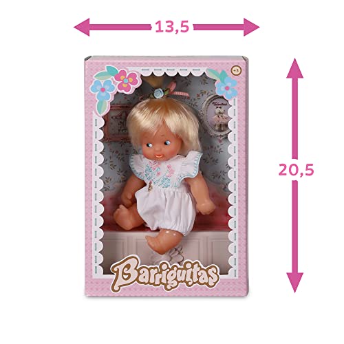 los Barriguitas - muñeca bebé clásica Rubia, Vestida con un Conjunto Blanco con Bordados de Flores Azul y Rosa a Juego con el coletero, 4 Modelos Diferentes para coleccionar, Famosa (700017266)