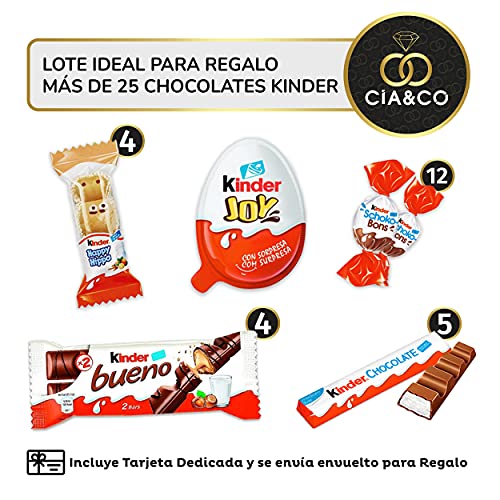 Lote envuelto para Regalo con +25 Chocolates Kinder y 450 grs de Chuches sin Gluten. Con Tarjeta Dedicada Personalizada y Kinder Chocolate, Kinder Bueno, Huevo Joy, Happy Hippos, ChocoBons y Golosinas