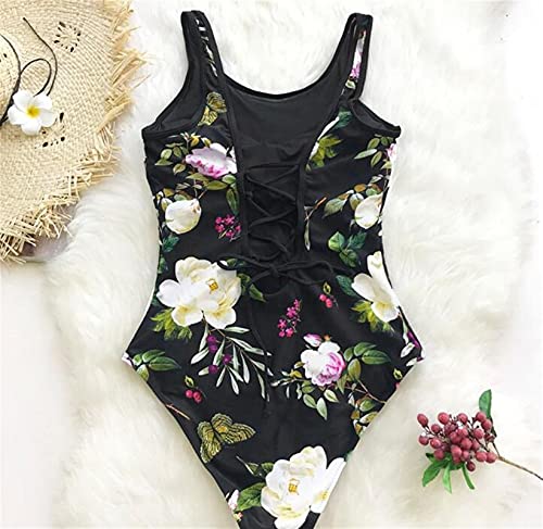 Lotus Impresión Floral Y Malla Remiendo De Una Sola Pieza del Traje De Baño De Las Mujeres con Cordones De La Niña Playa De Baño del Traje De Baño Sexy (Color : Black, Size : XS.)