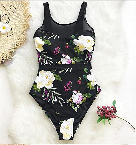 Lotus Impresión Floral Y Malla Remiendo De Una Sola Pieza del Traje De Baño De Las Mujeres con Cordones De La Niña Playa De Baño del Traje De Baño Sexy (Color : Black, Size : XS.)