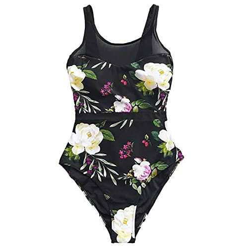 Lotus Impresión Floral Y Malla Remiendo De Una Sola Pieza del Traje De Baño De Las Mujeres con Cordones De La Niña Playa De Baño del Traje De Baño Sexy (Color : Black, Size : XS.)