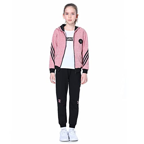 LPATTERN Niñas Chándal Estampado Traje Deportivo 2/3 Piezas Traje de Jogging Sudadera con Capucha (+ Camiseta de Manga Larga) + Pantalones,2 Piezas#Rosa,12 años