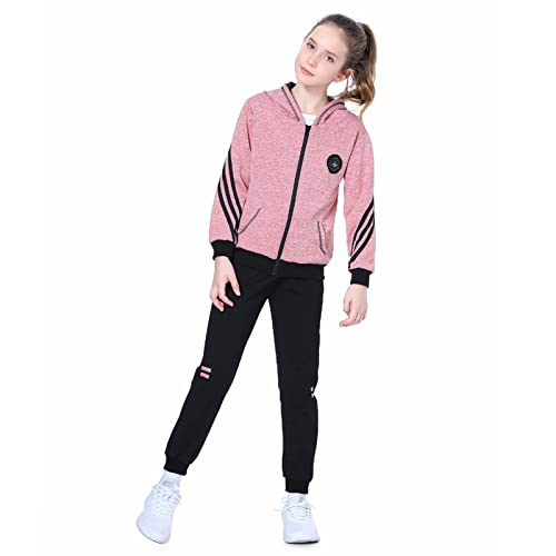 LPATTERN Niñas Chándal Estampado Traje Deportivo 2/3 Piezas Traje de Jogging Sudadera con Capucha (+ Camiseta de Manga Larga) + Pantalones,2 Piezas#Rosa,12 años