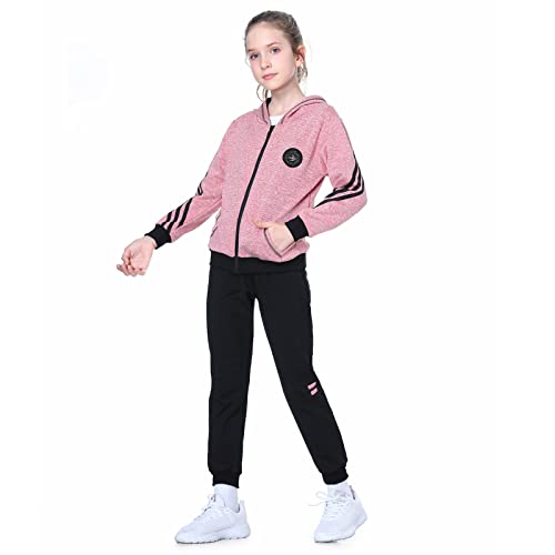 LPATTERN Niñas Chándal Estampado Traje Deportivo 2/3 Piezas Traje de Jogging Sudadera con Capucha (+ Camiseta de Manga Larga) + Pantalones,2 Piezas#Rosa,12 años