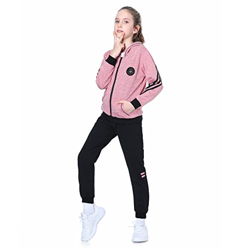 LPATTERN Niñas Chándal Estampado Traje Deportivo 2/3 Piezas Traje de Jogging Sudadera con Capucha (+ Camiseta de Manga Larga) + Pantalones,2 Piezas#Rosa,12 años