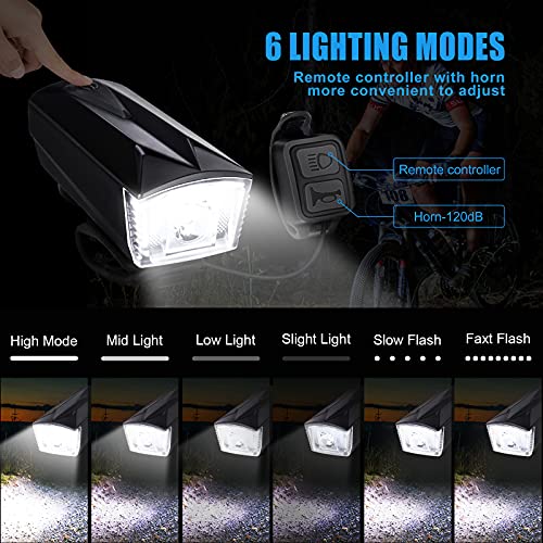 Luces Bicicleta Delantera y Trasera Linterna Bicicleta Recargable USB, 5+6 Modes con IP65 Resistente, Giratoria 360 ° Bocina y Luz para Carretera y Montaña, Control Remoto