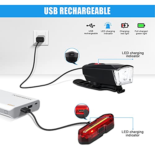 Luces Bicicleta Delantera y Trasera Linterna Bicicleta Recargable USB, 5+6 Modes con IP65 Resistente, Giratoria 360 ° Bocina y Luz para Carretera y Montaña, Control Remoto