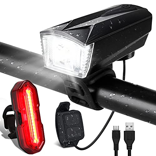 Luces Bicicleta Delantera y Trasera Linterna Bicicleta Recargable USB, 5+6 Modes con IP65 Resistente, Giratoria 360 ° Bocina y Luz para Carretera y Montaña, Control Remoto