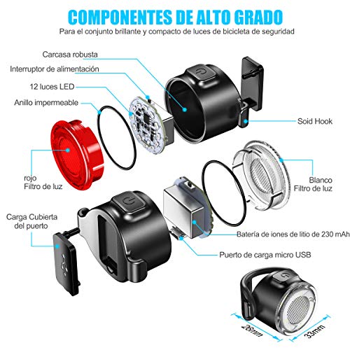 Luces Bicicleta, Luces Delanteras y Traseras Recargables USB Para Bicicleta, Impermeable LED Luz Bicicleta, 6 Iluminación Modos Luz de alerta, Luces Seguridad Para Ciclismo de Montaña y Carretera