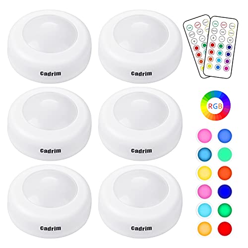 Luces para Gabinetes LED,Cadrim 6 Packs Luces Nocturnas LED Inalámbricas con 2 Remoto,13 Colores Brillo Ajustable Alimentado por Batería (no Incluido) para Iluminación de Armarios etc