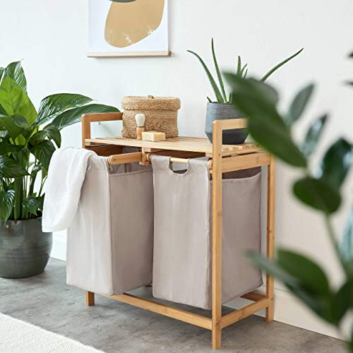 Lumaland Estantería de baño en Bambú con cesto para la Colada - Cesta para Ropa Sucia con 2 compartimientos extraibles - Mueble para el lavadero - 73 x 64 x 33 cm - Gris