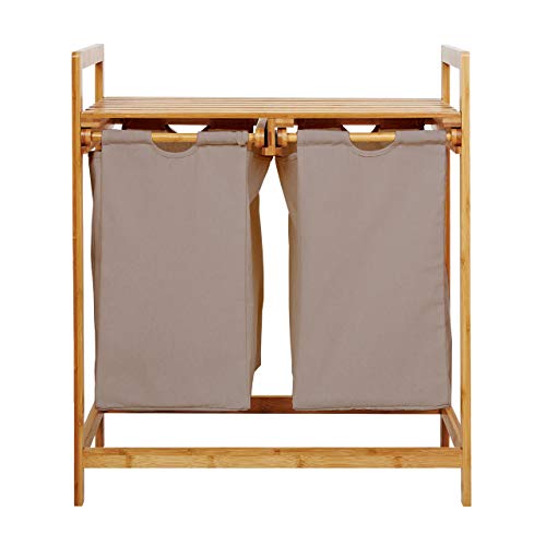 Lumaland Estantería de baño en Bambú con cesto para la Colada - Cesta para Ropa Sucia con 2 compartimientos extraibles - Mueble para el lavadero - 73 x 64 x 33 cm - Gris