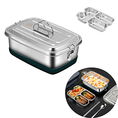 Lunch box,Fiambrera,304 fiambrera acero inoxidable,2000 ml Fiambrera extragrande de acero inoxidable,Caja de Bento con 3 Compartimentos para Adultos,para la Escuela, el Trabajo, Picnic.