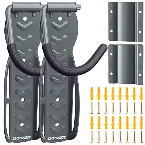 LYCAON Soporte Bicicletas Pared, Gancho Bicicleta Pared Soporta Hasta 68lb, con Bandeja Para Neumáticos & Tornillos, Portabicicletas de Almacenamiento Vertical Casa/Tienda/Garaje (2)