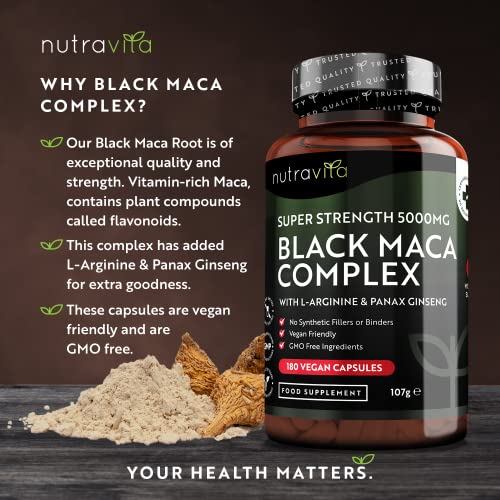 Maca Negra Andina Cápsulas 5000 mg - 180 Cápsulas Veganas - Maca Negra de Alta Resistencia Con L-arginina y Panax Ginseng - Suministro 6 Meses - Fabricado en UK Por Nutravita