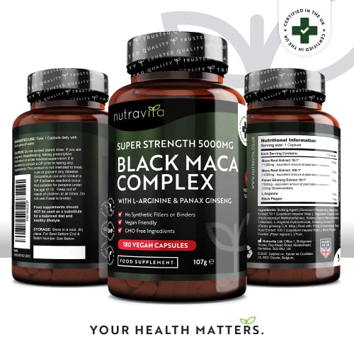 Maca Negra Andina Cápsulas 5000 mg - 180 Cápsulas Veganas - Maca Negra de Alta Resistencia Con L-arginina y Panax Ginseng - Suministro 6 Meses - Fabricado en UK Por Nutravita