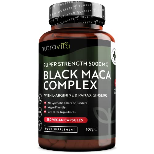 Maca Negra Andina Cápsulas 5000 mg - 180 Cápsulas Veganas - Maca Negra de Alta Resistencia Con L-arginina y Panax Ginseng - Suministro 6 Meses - Fabricado en UK Por Nutravita