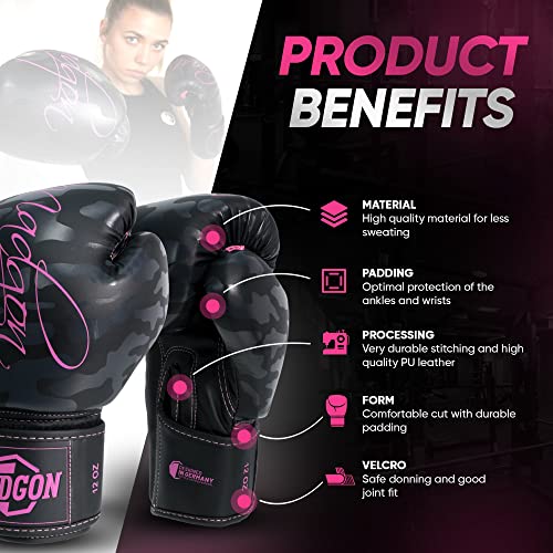 MADGON Guantes de Boxeo para Mujeres Hechos del Mejor Material para Una Larga Durabilidad – Guantes de Kick Boxing, Guantes MMA y Sparring – Óptima Absorción de Impactos – Incluye Bolsa