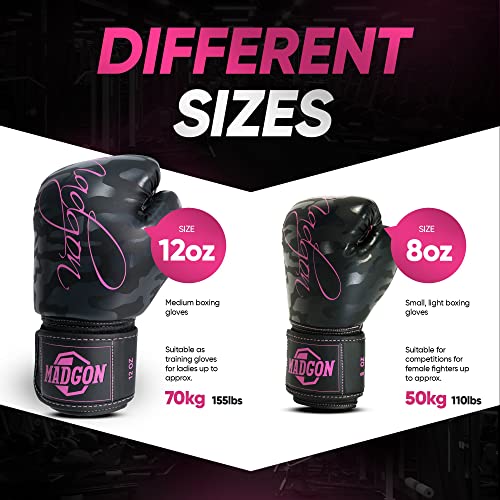 MADGON Guantes de Boxeo para Mujeres Hechos del Mejor Material para Una Larga Durabilidad – Guantes de Kick Boxing, Guantes MMA y Sparring – Óptima Absorción de Impactos – Incluye Bolsa