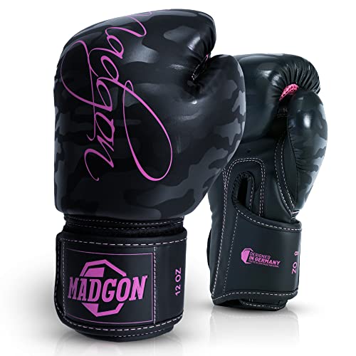 MADGON Guantes de Boxeo para Mujeres Hechos del Mejor Material para Una Larga Durabilidad – Guantes de Kick Boxing, Guantes MMA y Sparring – Óptima Absorción de Impactos – Incluye Bolsa