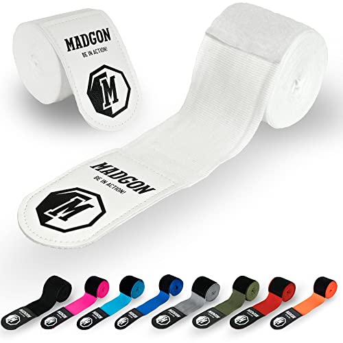 MADGON Vendas Boxeo con Correa de Velcro y Gancho para el Pulgar – 3m / 3,8 m / 4,5m – Vendaje Boxeo Duradero para MMA, Kickboxing, Sparring – Excelente Absorción del Sudor