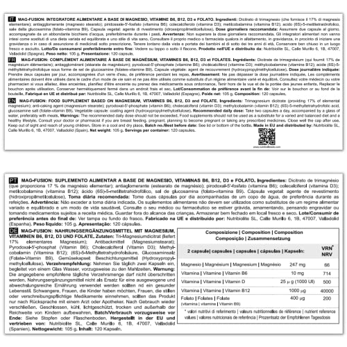 MAG-FUSION Citrato de Magnesio y Vitaminas B6 B9 Folato B12 y D3. Disminuye el cansancio y la fatiga, mejora el funcionamiento del sistema nervioso. 120 cápsulas