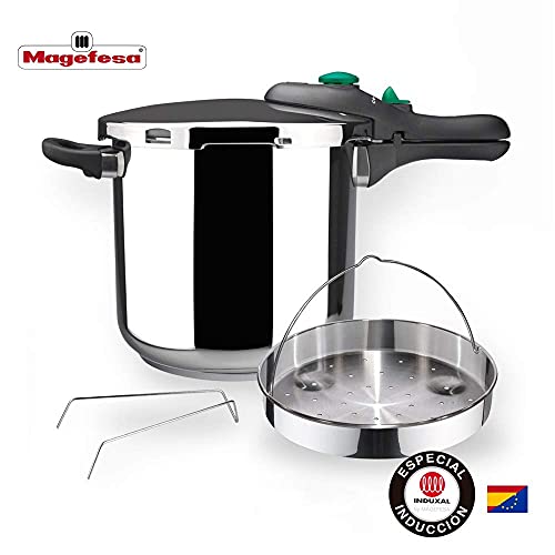 MAGEFESA DYNAMIC Olla a presión super rápida de fácil uso, acero inoxidable 18/10, apta para todo tipo de cocinas, incluido inducción. Pack exclusivo Olla+Cestillo. (7,5 LITROS)