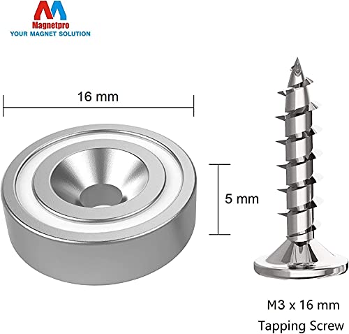 Magnetpro 12 Piezas imanes 6 KG Fuerza 16 x 5 mm con Agujero y cápsula, imán en Recipiente avellanado con Tornillos